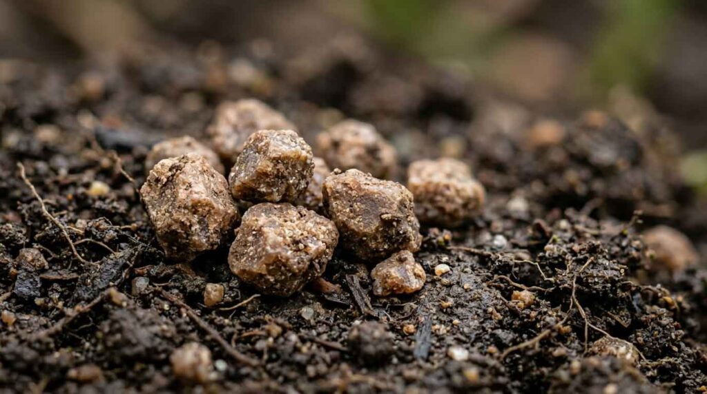 Close-up view of DAP fertilizer granules used for phosphorus supply