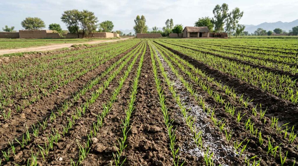 Close-up view of DAP fertilizer granules used for phosphorus supply