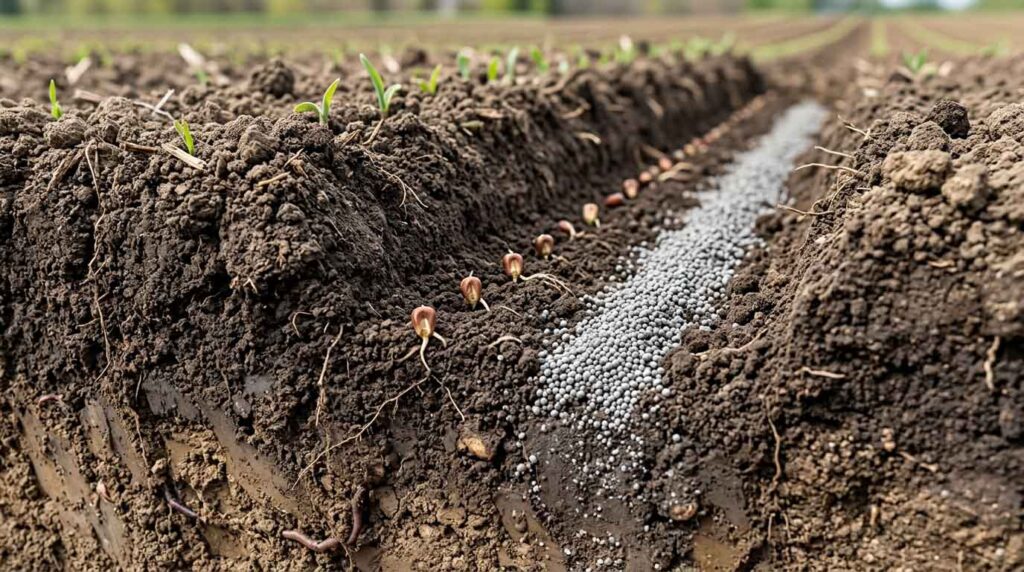 Correct band placement method of DAP fertilizer near seed row in soil