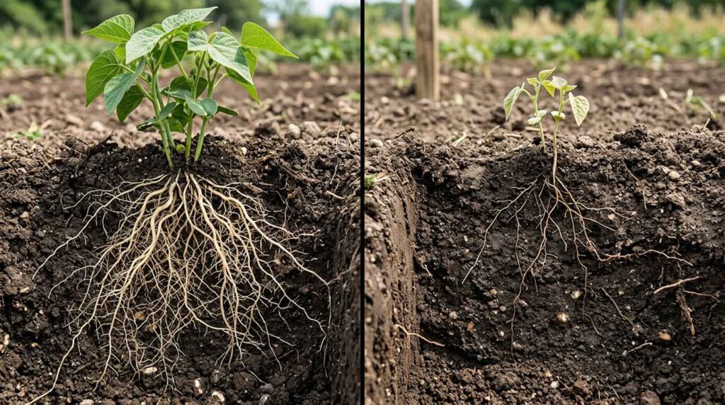 Comparison of strong and weak plant roots showing importance of phosphorus fertilizer