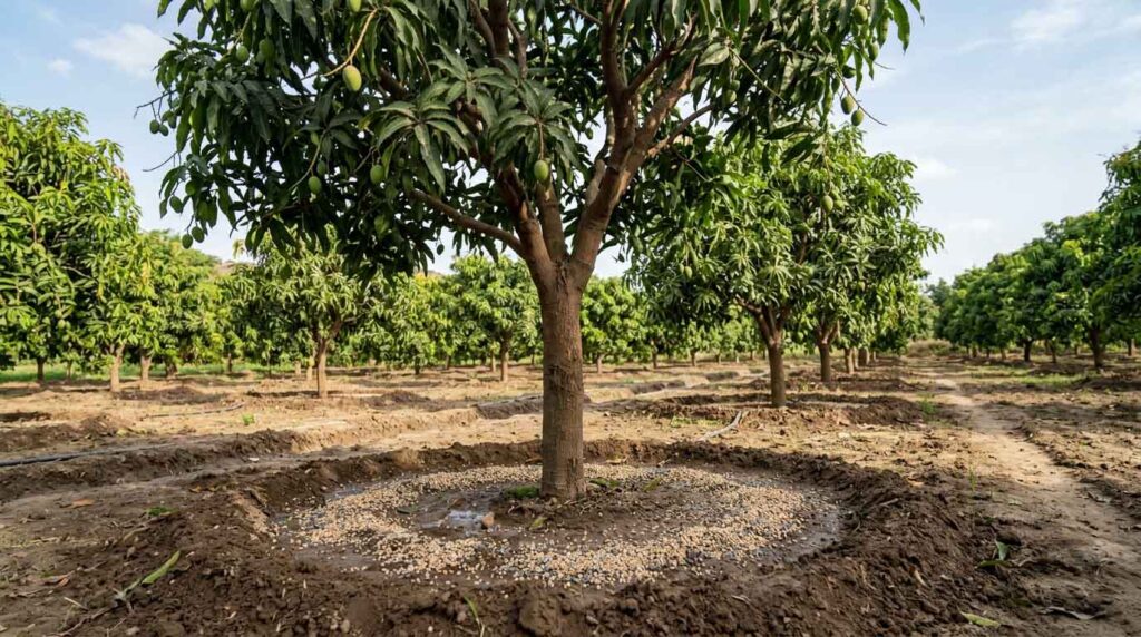 DAP fertilizer application in fruit tree basin under canopy in orchard