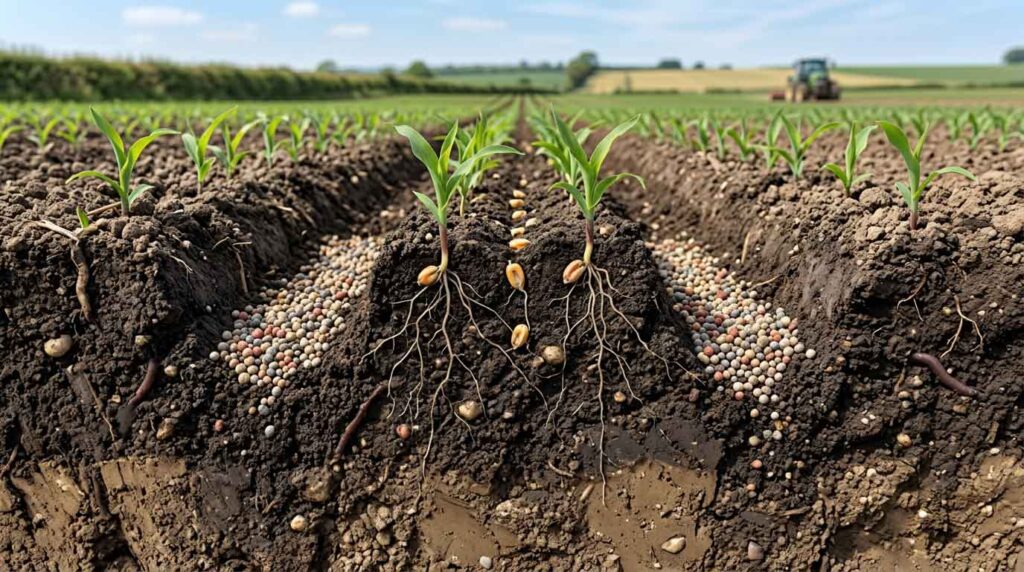 Proper band placement of NPK fertilizer near seed rows for better root development