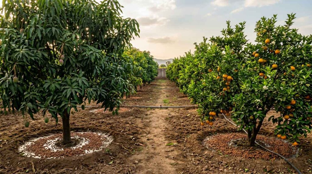 Applying NPK fertilizer in orchard basins under tree canopy for balanced nutrition