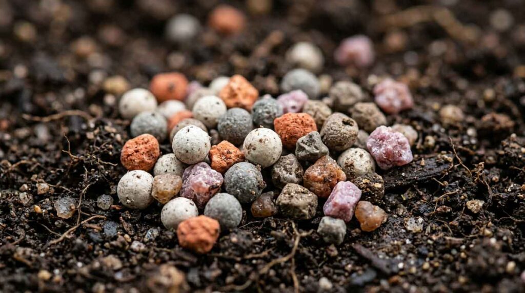 Close-up view of NPK fertilizer granules supplying nitrogen, phosphorus, and potassium