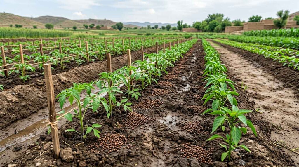NPK fertilizer applied in vegetable field for healthy growth and fruit development