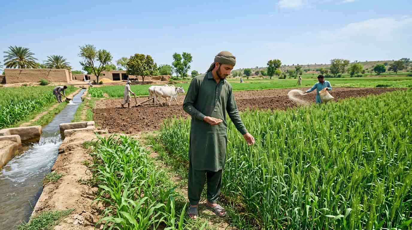 Beginner farmer managing crops water and fertilizer in Pakistan field