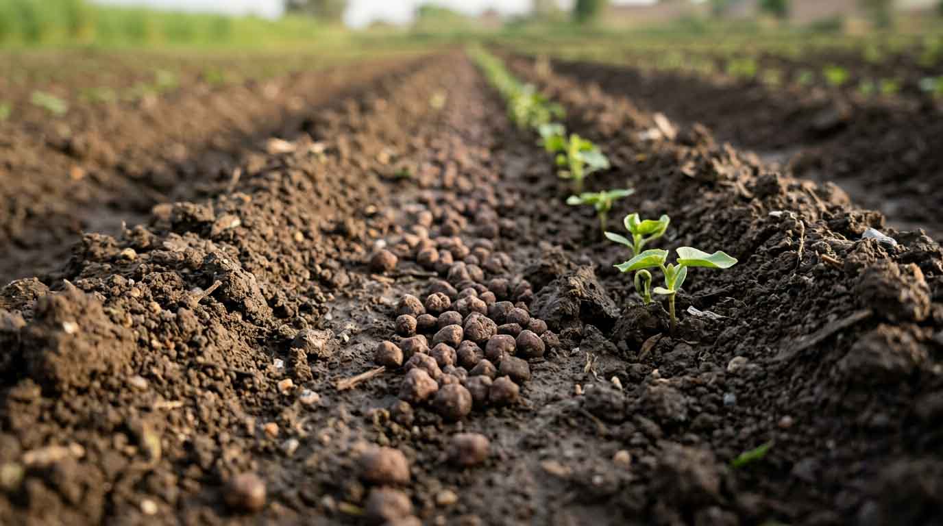 Applying DAP fertilizer in soil at sowing stage for better crop growth in Pakistan