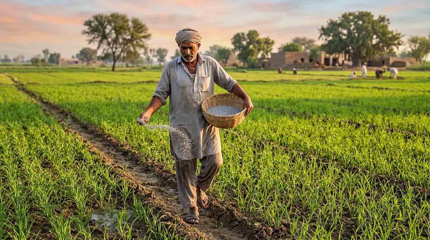 Pakistani farmer applying DAP fertilizer in wheat field during sowing stage