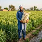 Farmer using fertilizer in green wheat field in Pakistan