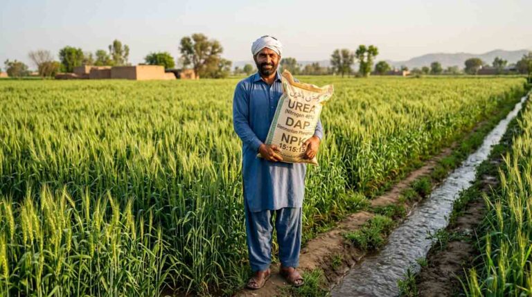 Farmer using fertilizer in green wheat field in Pakistan