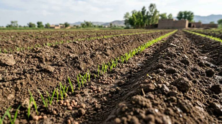 Applying NPK fertilizer at sowing stage in Pakistan for balanced crop growth