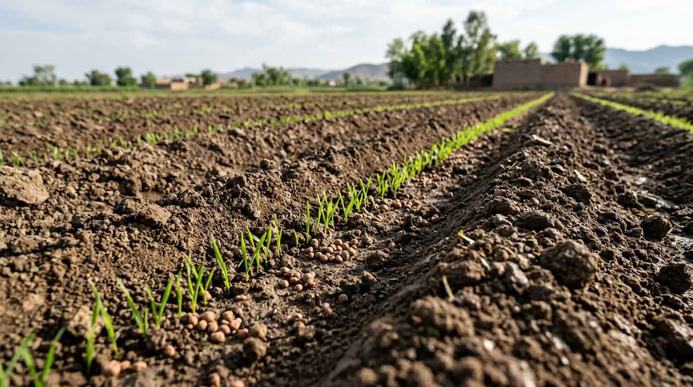 Applying NPK fertilizer at sowing stage in Pakistan for balanced crop growth