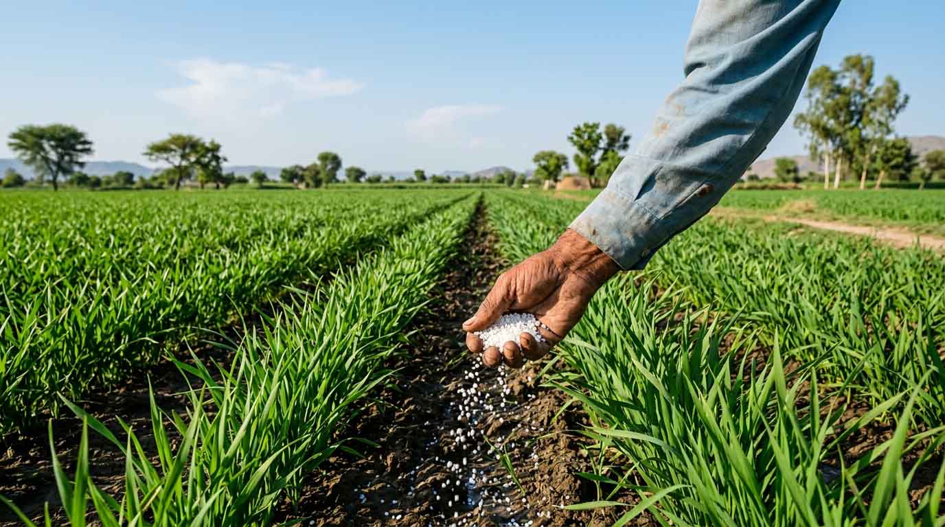 Urea fertilizer being applied in a green crop field in Pakistan with healthy plants
